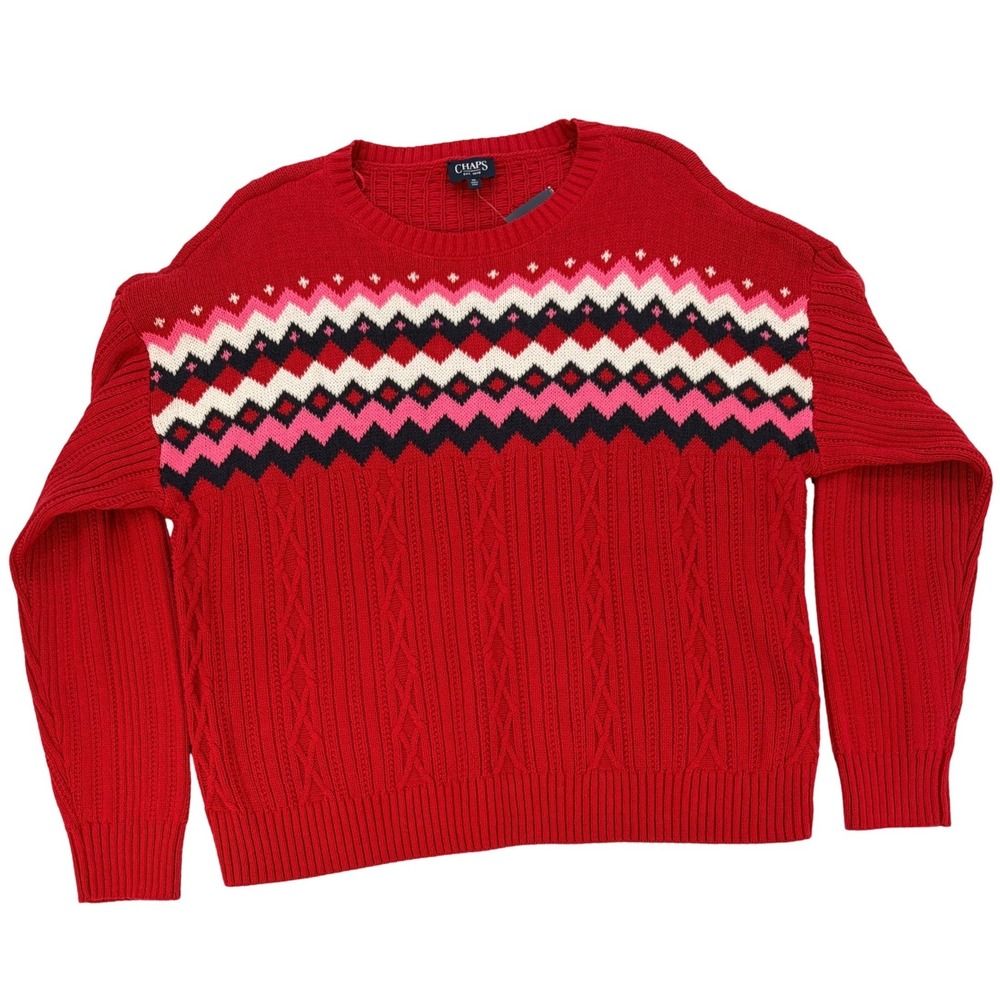 Chaps Fair Isle Cable Knit Sweater XL Red Boho Retro Vintage Aesthetic